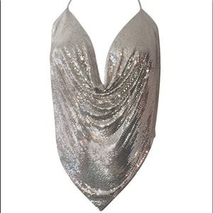 Vintage Whiting & Davis silver disco halter with top leather ties.